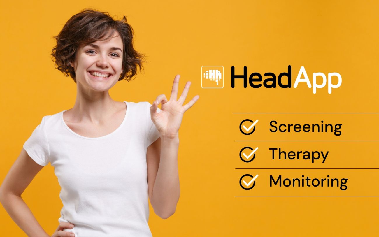 Therapist signals approval for the comprehensive HeadApp suite: 7 screenings, 2 questionnaires, and 23 training programs covering Screening, Therapy, and Monitoring.